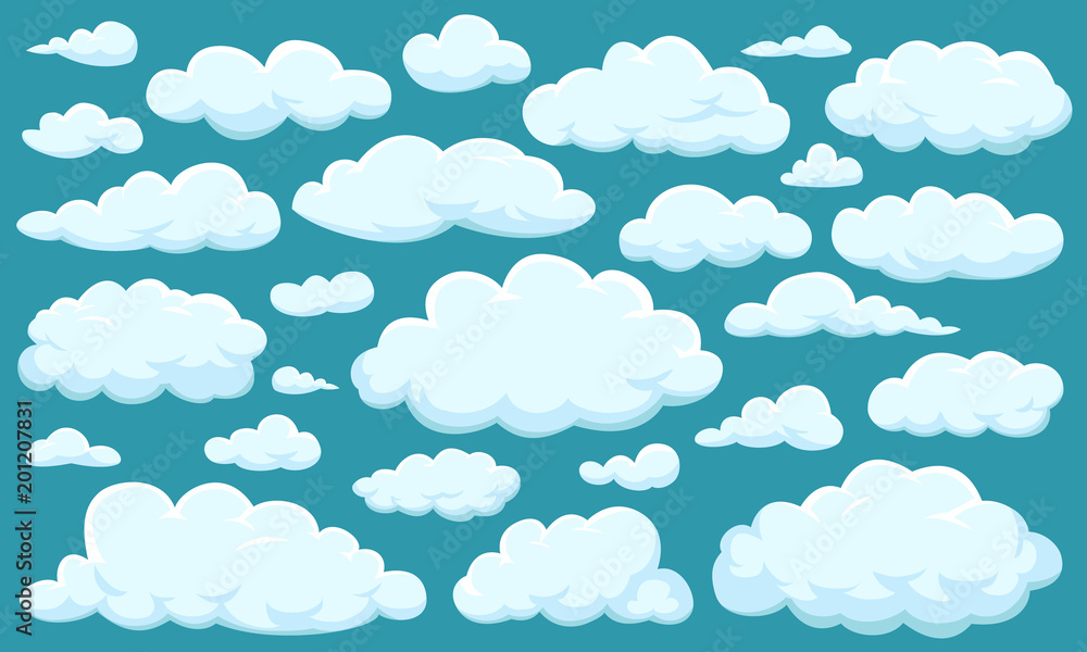 Poster set of clouds of different shapes in the sky for your web site design, ui, app. meteorology and atmo