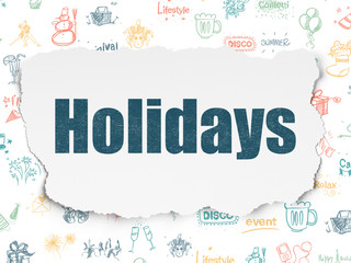 Entertainment, concept: Painted blue text Holidays on Torn Paper background with  Hand Drawn Holiday Icons