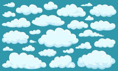 Set of clouds of different shapes in the sky for your web site design, UI, app. Meteorology and atmosphere in space.