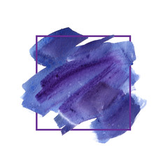 Dark purple abstract brush strokes painted in watercolor surrounded by thin square geometrical frame on clean white background