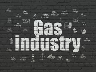 Manufacuring concept: Painted white text Gas Industry on Black Brick wall background with  Hand Drawn Industry Icons