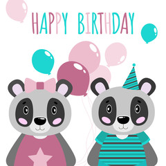 Vector cute happy panda, girls and boys.