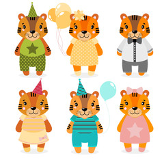 Vector cute happy tiger, girls and boys.dressed in different clothes. Scrapbooking print. congratulate card.