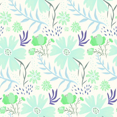 Tender floral summer seamless pattern with blue and green flowers. Cute cartoon hand drawn pastel colors texture with blossoms, leaves, waterdrops for textile, wrapping paper, print design, surface