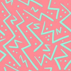 Psychedelic chaotic pink and green zig zag with dots seamless pattern. Abstract fashion trendy vector texture with hand drawn zigzag lines for textile, wrapping paper, surface, background