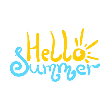 Bright colorful hello summer inscription with sun as letter o and sea as letters m. Cute description for poster or card print, decoration, header, seasonal design