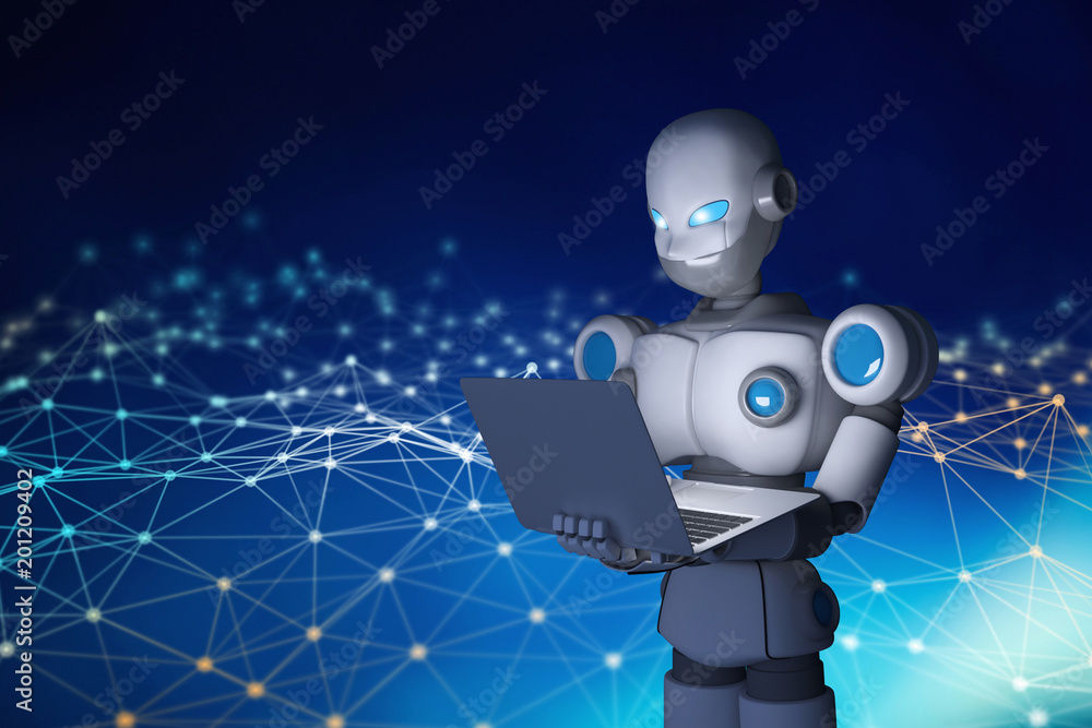 Poster robot using a laptop computer with connection lines, artificial intelligence in futuristic technolog