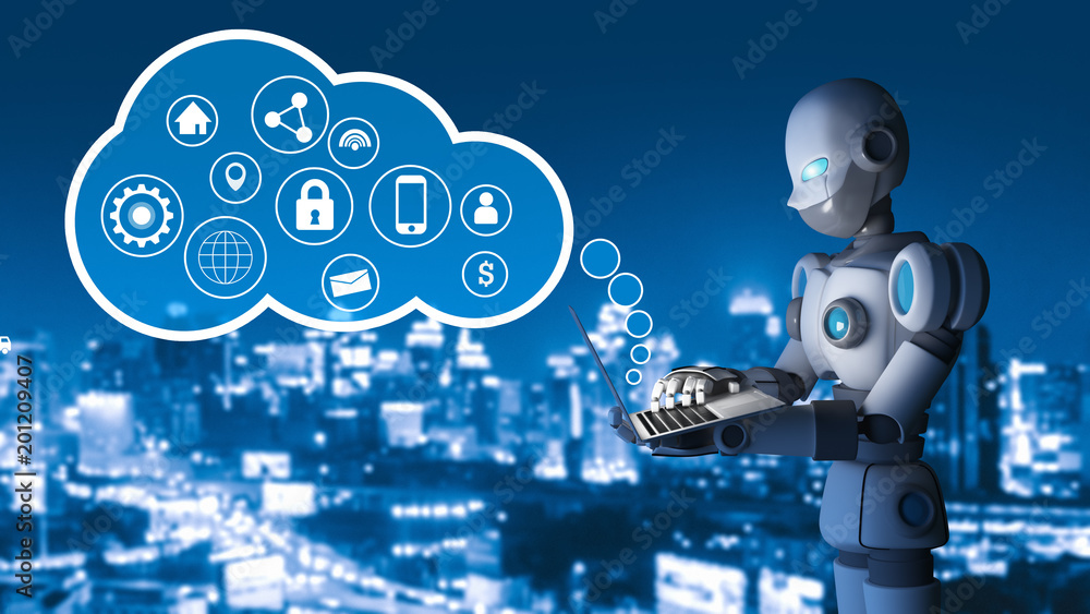 Poster robot using a laptop computer with circle pointers in city, infographic template. artificial intelli