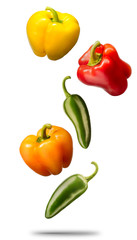 Falling sweet bell peppers isolated and hot chilli on white background with clipping path