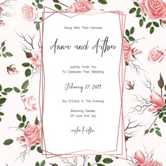 Save the date card, wedding invitation, greeting card with beautiful roses flowers