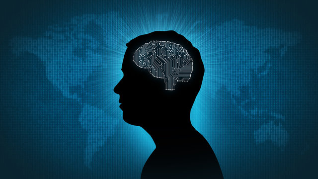 Male silhouette with computer brain against numerical information image of Earth