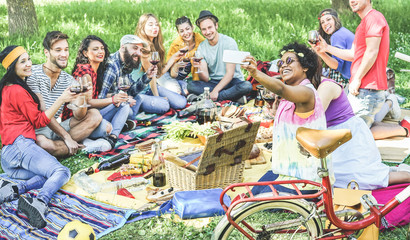 Happy diverse friends taking selfie at picnic party outdoor in nature - Young people drinking wine,eating and having fun together with technology trends - Summer concept