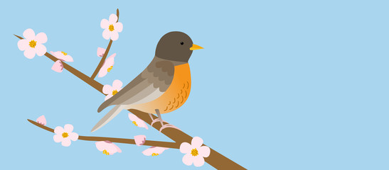 Small bird on blooming tree branch illustration, spring background 