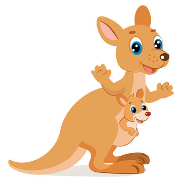 Wallaroo Encounter. Cartoon Animals Vector. Mother Kangaroo With Her Little Cute Baby Kangaroo. Happy Mom Wallaby Character.