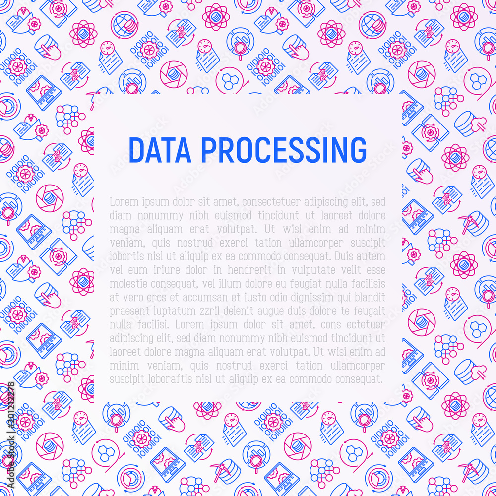 Poster data processing concept with thin line icons: data science, filtering, deep learning, mobile syncing