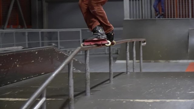 Montage, like men in a skate park, perform tricks on rollers. Slow motion