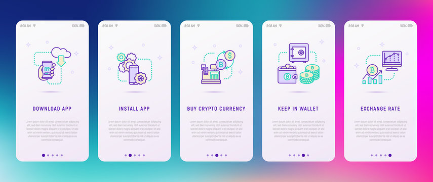 Cryptocurrency concept: download app, install app, buy cryptocurrency, keep in wallet, exchange rate. Modern vector illustration.