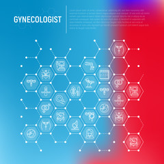 Fototapeta premium Gynecologist concept in honeycombs with thin line icons: uterus, ovaries, gynecological chair, pregnancy, ultrasound, sanitary napkin, test, embryo, menstruation, ovulation. Modern vector illustration