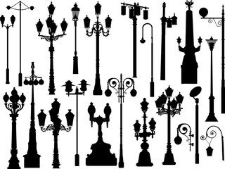 Fototapeta na wymiar set of twenty two black street lamps collection