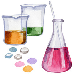 Beakers clinic pharmacy set. Hospital ambulance emergency chemistry element. Science treatment medicament therapy. Doctor medical laboratory.
