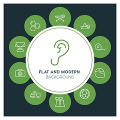 health, science, sports Infographic Circle outline Icons Set. Contains such Icons as  business,  website,  elements,  background,  pattern,  illustration, ear and more. ..Fully Editable. Pixel Perfect