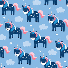 seamless blue unicorn pattern vector illustration