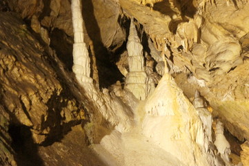 a panorama of stalactites, stalagmites and underground rivers in the Belian cave at the foot of the High Tatras.