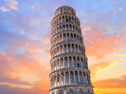 pisa leaning tower close up detail view at sunset