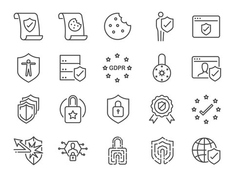 Privacy policy icon set. Included the icons as security information, GDPR, data protection, shield, cookies policy, compliant, personal data, padlock and more
