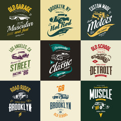 Vintage muscle, roadster, hot rod and classic car vector t-shirt logo isolated set