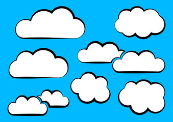 White clouds collection on blue background. Vector illustration