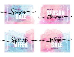 set of stickers for discounts and sales on a watercolor background. Vector illustration, design element for congratulation cards, print, banners and others