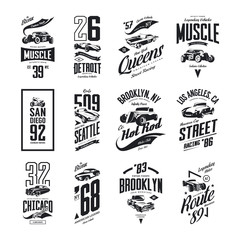 Vintage muscle, roadster, hot rod and classic car vector t-shirt logo isolated set