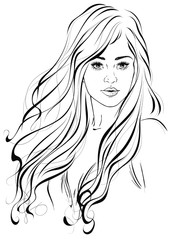 Graphic portrait of a young beautiful girl with long fluttering hair. Vector illustration