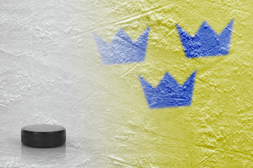 Image of a Swedish flag with a hockey puck