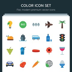Modern Simple Set of transports, food, nature, drinks Vector flat Icons. ..Contains such Icons as  drink,  symbol, green, bio,  automobile and more on dark background. Fully Editable. Pixel Perfect