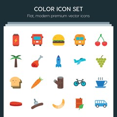 Modern Simple Set of transports, food, nature, drinks Vector flat Icons. ..Contains such Icons as  travel,  barrel, bicycle,  energy, can and more on dark background. Fully Editable. Pixel Perfect