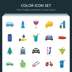 Modern Simple Set of transports, food, nature, drinks Vector flat Icons. ..Contains such Icons as  nature,  salmon,  travel,  speed,  car and more on dark background. Fully Editable. Pixel Perfect