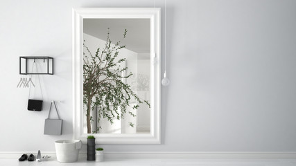 Scandinavian entrance lobby hall with mirror reflecting bright bathroom with olive tree, minimalist...