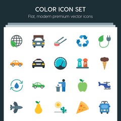 Modern Simple Set of transports, food, nature, drinks Vector flat Icons. ..Contains such Icons as sushi, pear, public,  organic,  plane,  bus and more on dark background. Fully Editable. Pixel Perfect