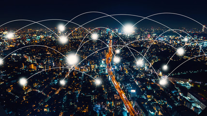 Network and connection technology concept with aerial view of Tokyo, Japan at night
