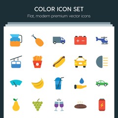 Modern Simple Set of transports, food, nature, drinks Vector flat Icons. ..Contains such Icons as  meal,  environment,  bottle, chicken, wine and more on dark background. Fully Editable. Pixel Perfect
