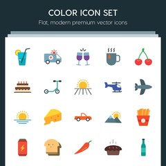 Modern Simple Set of transports, food, nature, drinks Vector flat Icons. ..Contains such Icons as  red,  loaf, can,  toast,  hot,  landscape and more on dark background. Fully Editable. Pixel Perfect