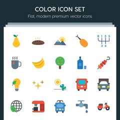 Modern Simple Set of transports, food, nature, drinks Vector flat Icons. ..Contains such Icons as  vehicle,  landscape, night,  machine,  tap and more on dark background. Fully Editable. Pixel Perfect