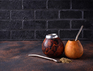 Yerba mate tea with calabash and bombilla.