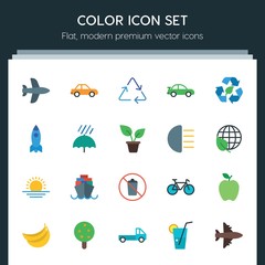 Modern Simple Set of transports, food, nature, drinks Vector flat Icons. ..Contains such Icons as  leaf,  drink,  fruit, truck,  vehicle, car and more on dark background. Fully Editable. Pixel Perfect