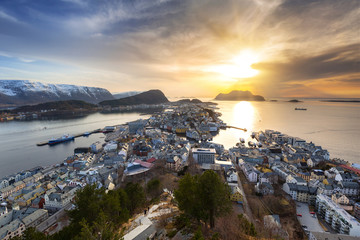 Beautiful Alesund town in Norway at sunset