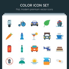 Modern Simple Set of transports, food, nature, drinks Vector flat Icons. ..Contains such Icons as rain, scrambled,  electricity,  waste,  sky and more on dark background. Fully Editable. Pixel Perfect