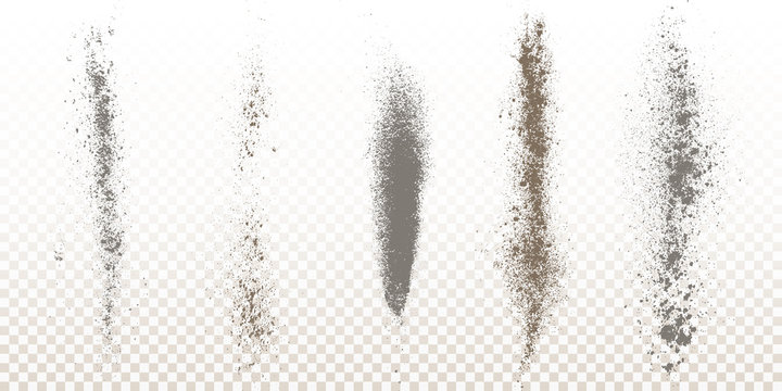 Scattered powder falls, stains, splashes, powder explosion. On an isolated background. Grunge blots trail and spray.