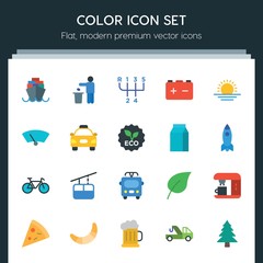 Modern Simple Set of transports, food, nature, drinks Vector flat Icons. ..Contains such Icons as change,  garbage,  hot,  dessert,  auto and more on dark background. Fully Editable. Pixel Perfect